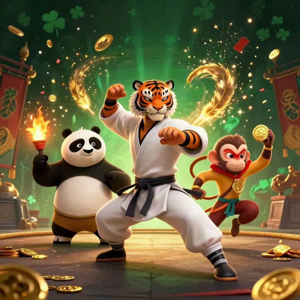 Tiger, panda, and monkey in a glowing temple casino battle scene