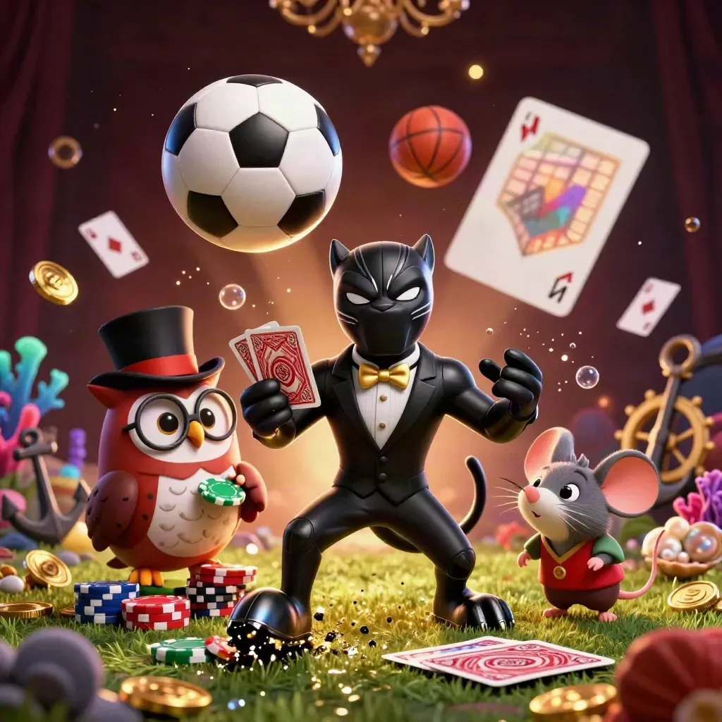 Panther, owl, and mouse amid flying cards, coins, and sports balls in a dark casino splash.