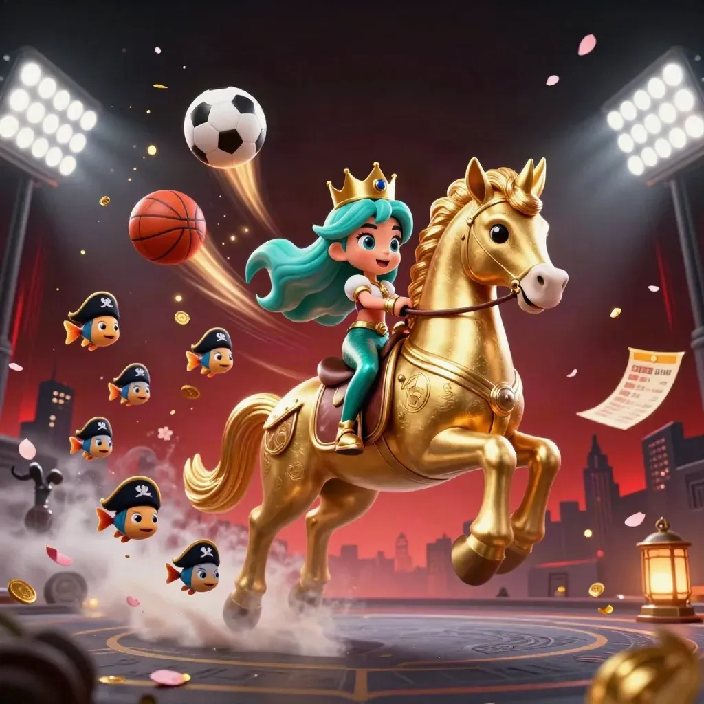 Mermaid princess on armored seahorse amid flying balls, gold coins, trophy and neon casino lights.