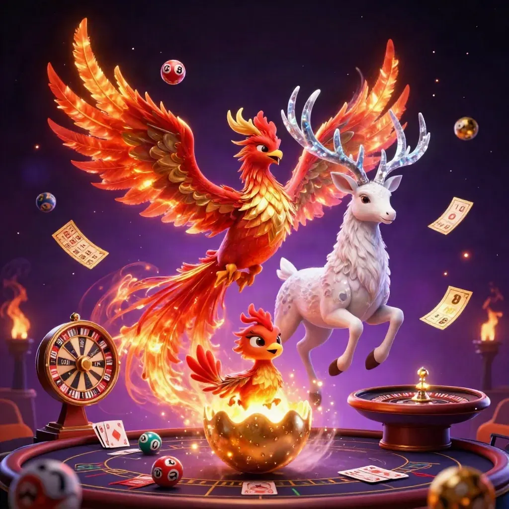 Phoenix, hatching chick, and crystal stag amid casino magic, cards, wheels, and glowing neon.