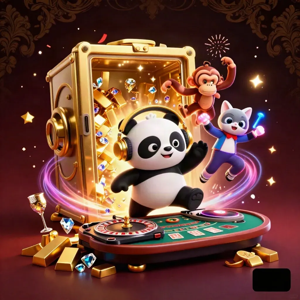 DJ panda, dancing monkey, and glow-stick kitten burst from a golden vault in a dark casino glow.