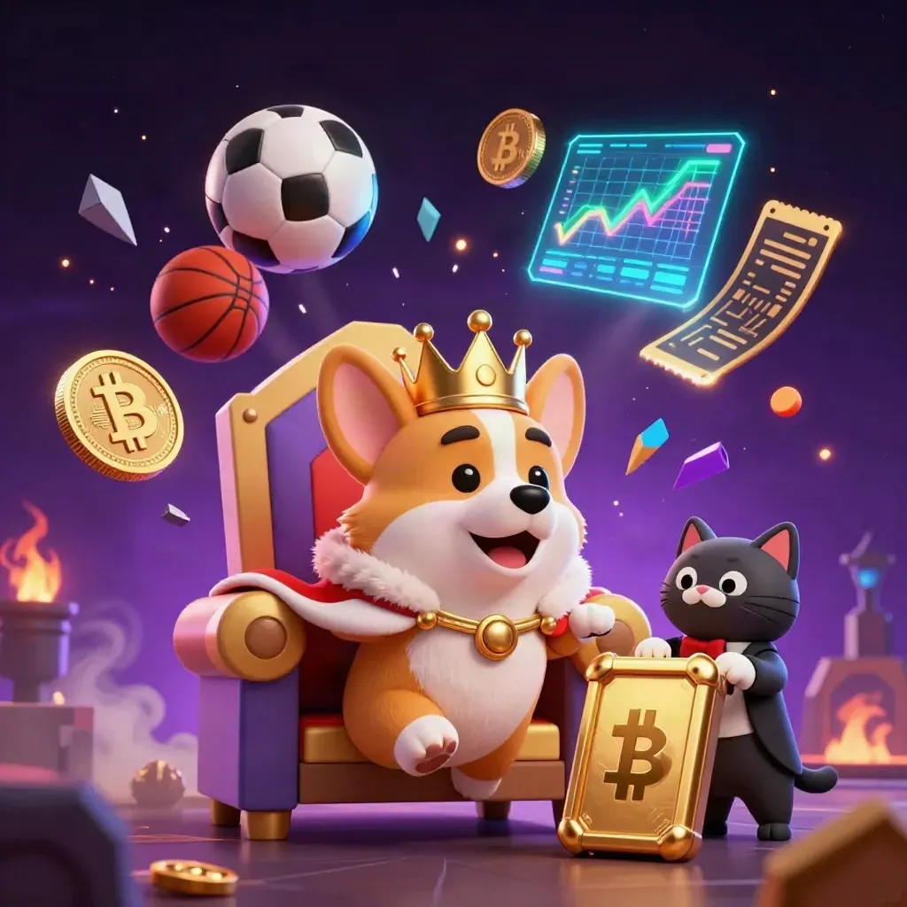 Royal corgi king and cat butler amid flying crypto coins, sports balls, and neon casino magic.