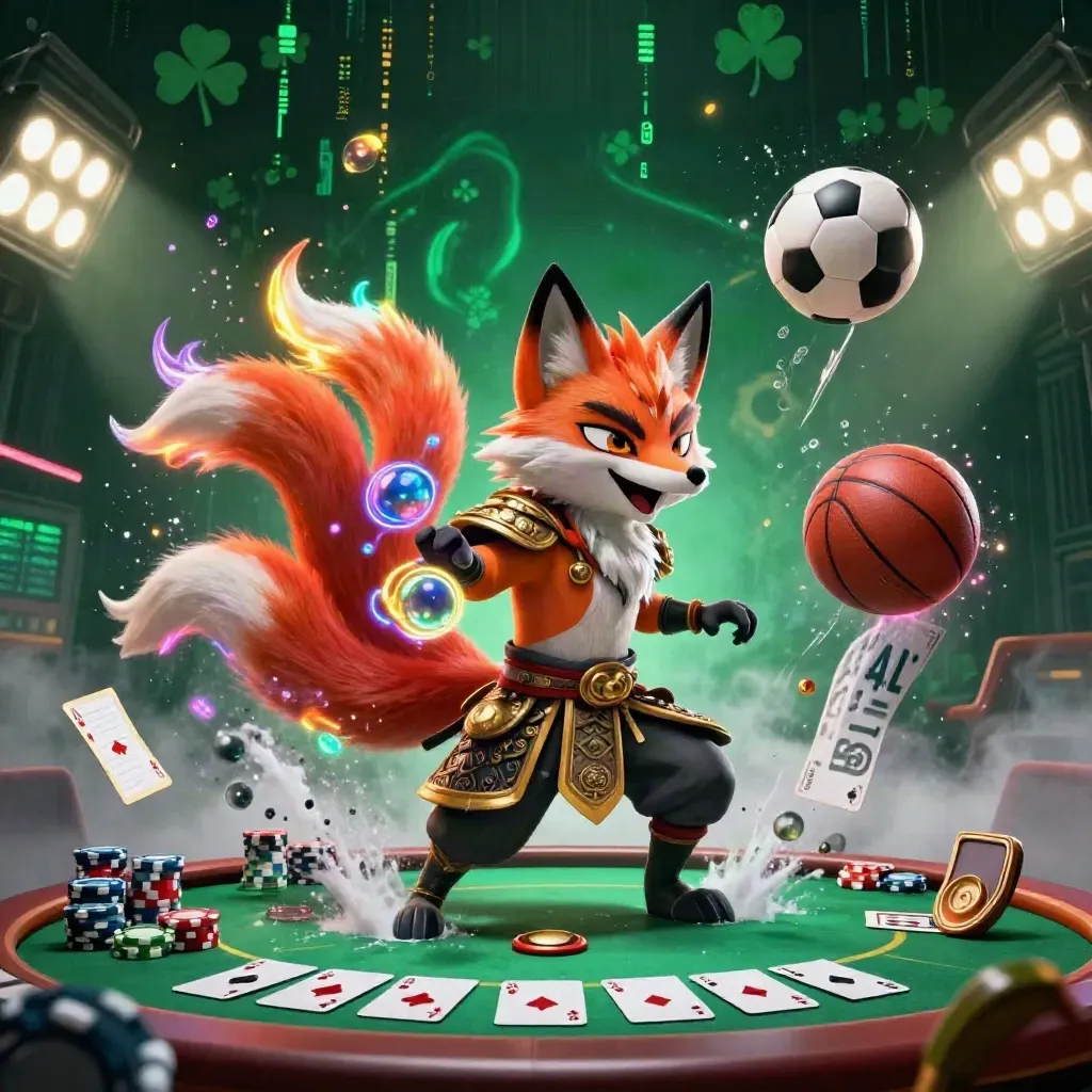 Neon fox spirit and samurai mouse amid casino chips, cards, soccer ball and blazing stadium light.