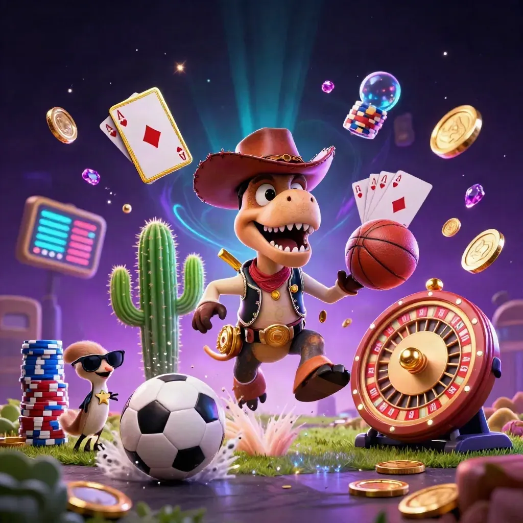 Cowboy T-Rex, cactus, and roadrunner amid casino symbols, coins, chips, and neon light.