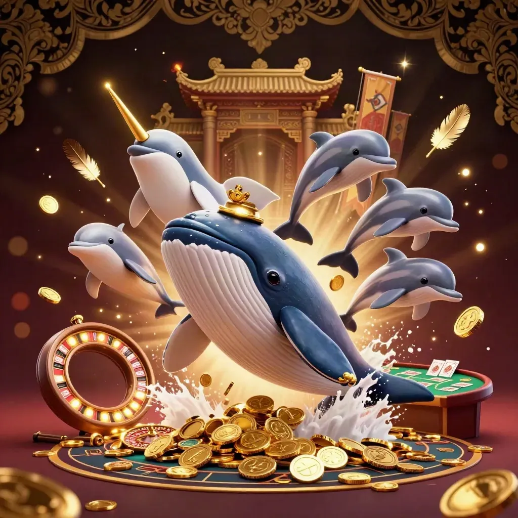Whale captain, narwhal, and dolphins amid coins, temple gate, and chandelier casino glow.