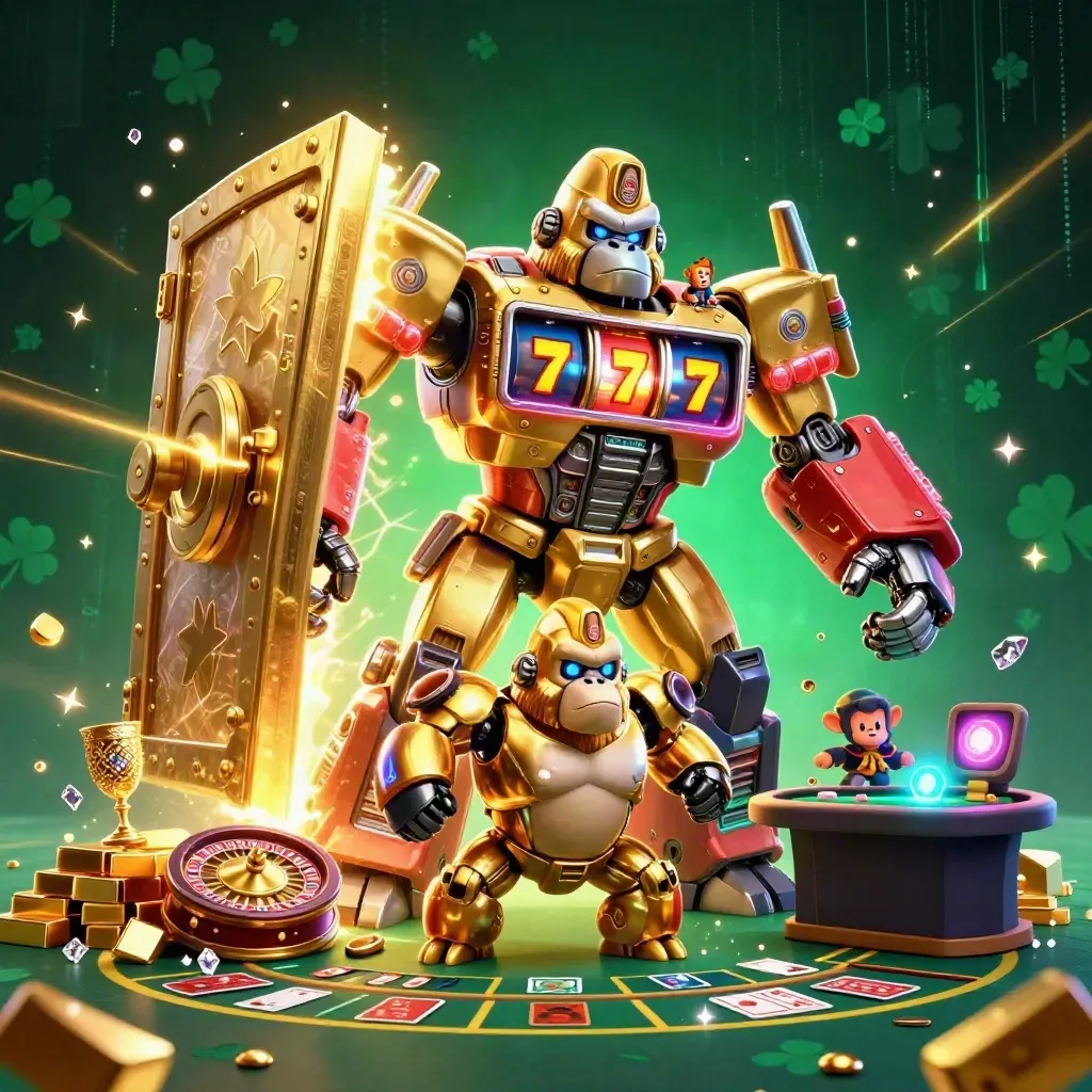 Golden gorilla mech with tiny monkey pilot, vault burst, casino relics, neon energy