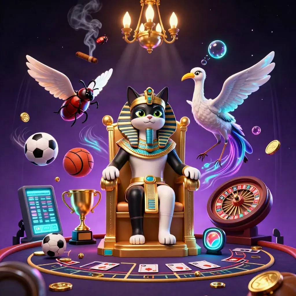 Pharaoh cat, ibis scribe, and gem-wing scarabs in a neon casino throne room.