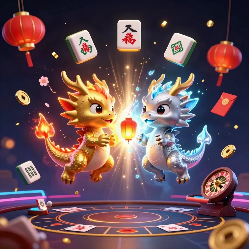 Twin gold and silver dragons whirl in a neon casino storm with lanterns, coins, and a glowing wheel.