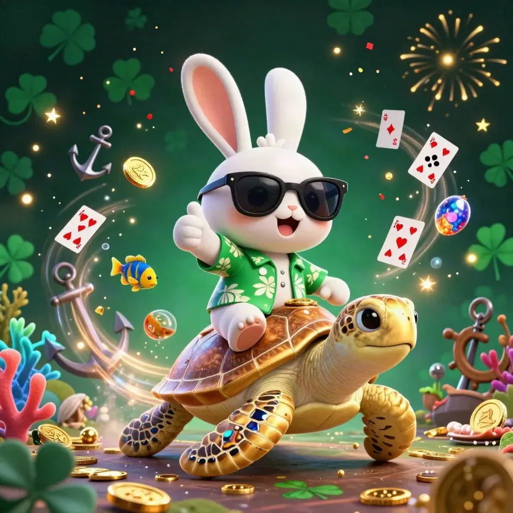 Lucky rabbit rides a gold sea turtle in a glowing treasure cove with casino sparkles.