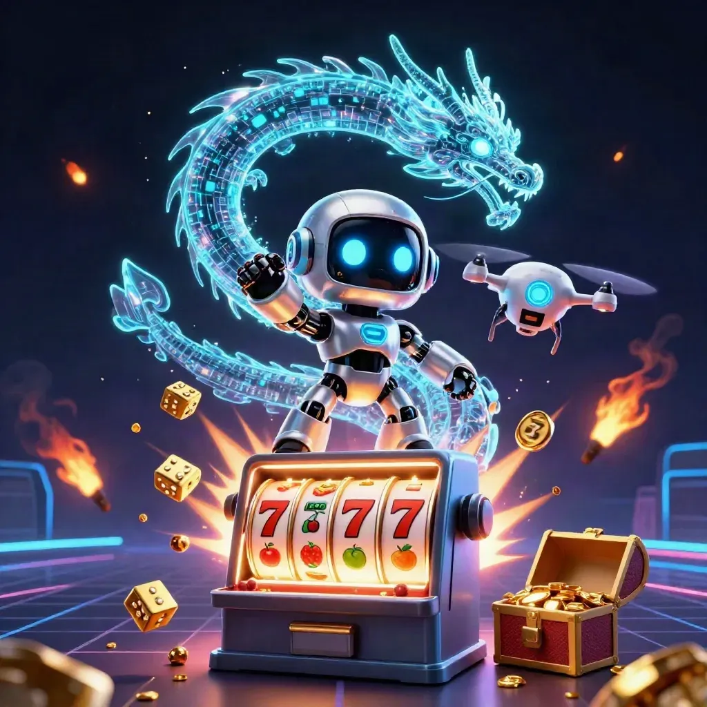 Cyberpunk robot, holographic dragon, and coin drone amid exploding jackpot slots and gold