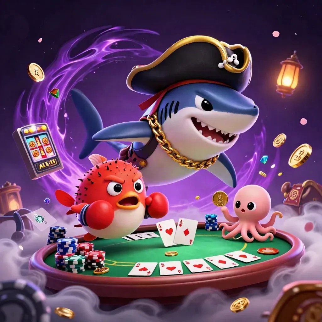 Pirate shark, boxing pufferfish, and coin-juggling octopus amid casino magic and neon treasure.