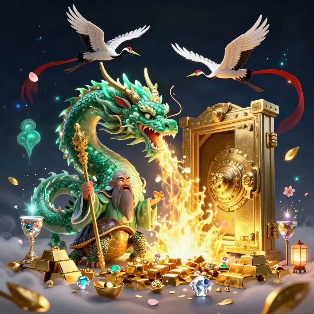 Emerald dragon, turtle sage, and cranes burst from a treasure vault in dark neon fantasy.