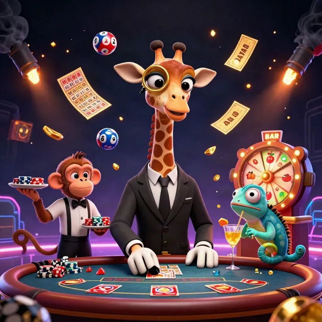 Glam giraffe, monkey valet, and chameleon bartender amid neon casino chaos with gems, reels, and cards.