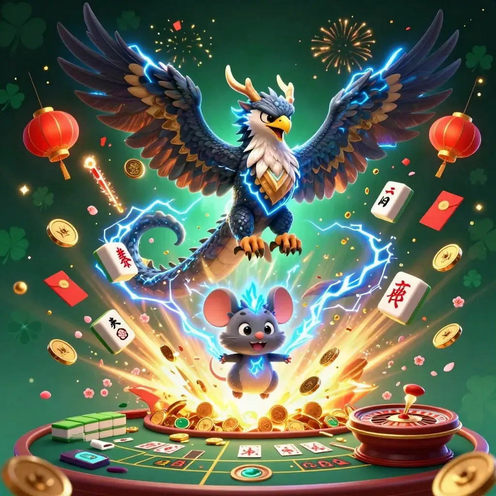 Thunder dragon, wind hawk, and static mouse amid casino coins, lanterns, fireworks, and a roulette wheel.