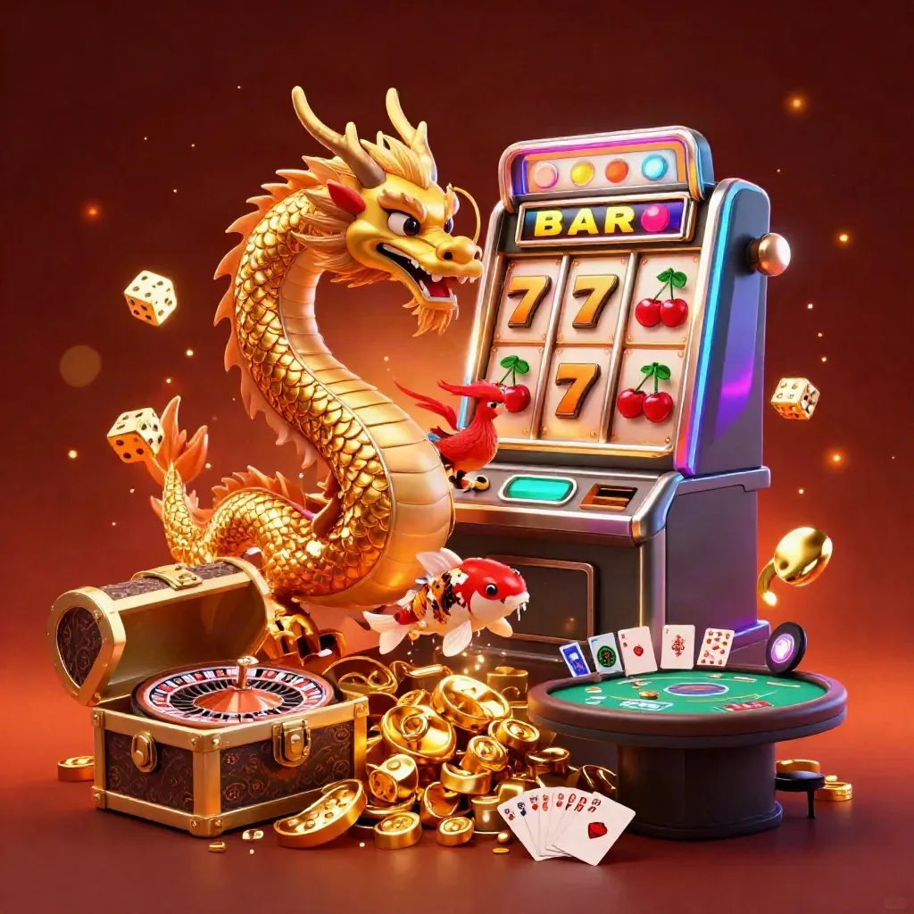 Golden dragon with phoenix, koi, slot burst, coins, dice, and casino table in a fiery dark fantasy scene.