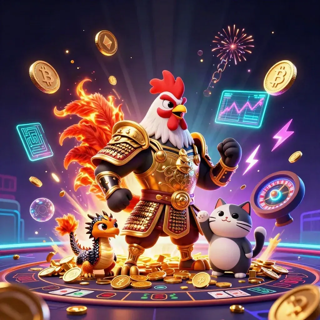 Rooster warrior, dragon hatchling, and fortune-cat amid coins, sparks, roulette wheel, and neon casino glow.