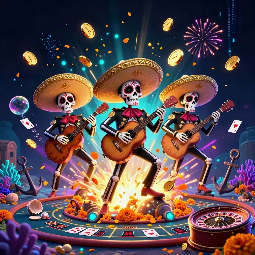 Skeleton mariachi trio amid coin burst, coral, cards, roulette wheel, fireworks, and neon treasure glow