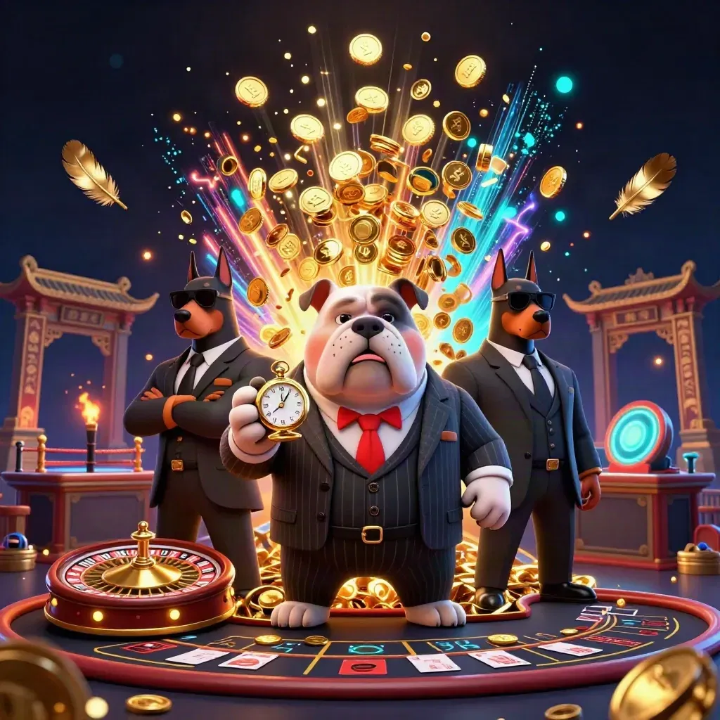 Bulldog boss and Dobermans amid a vault burst, coins, roulette, cards, and neon casino effects