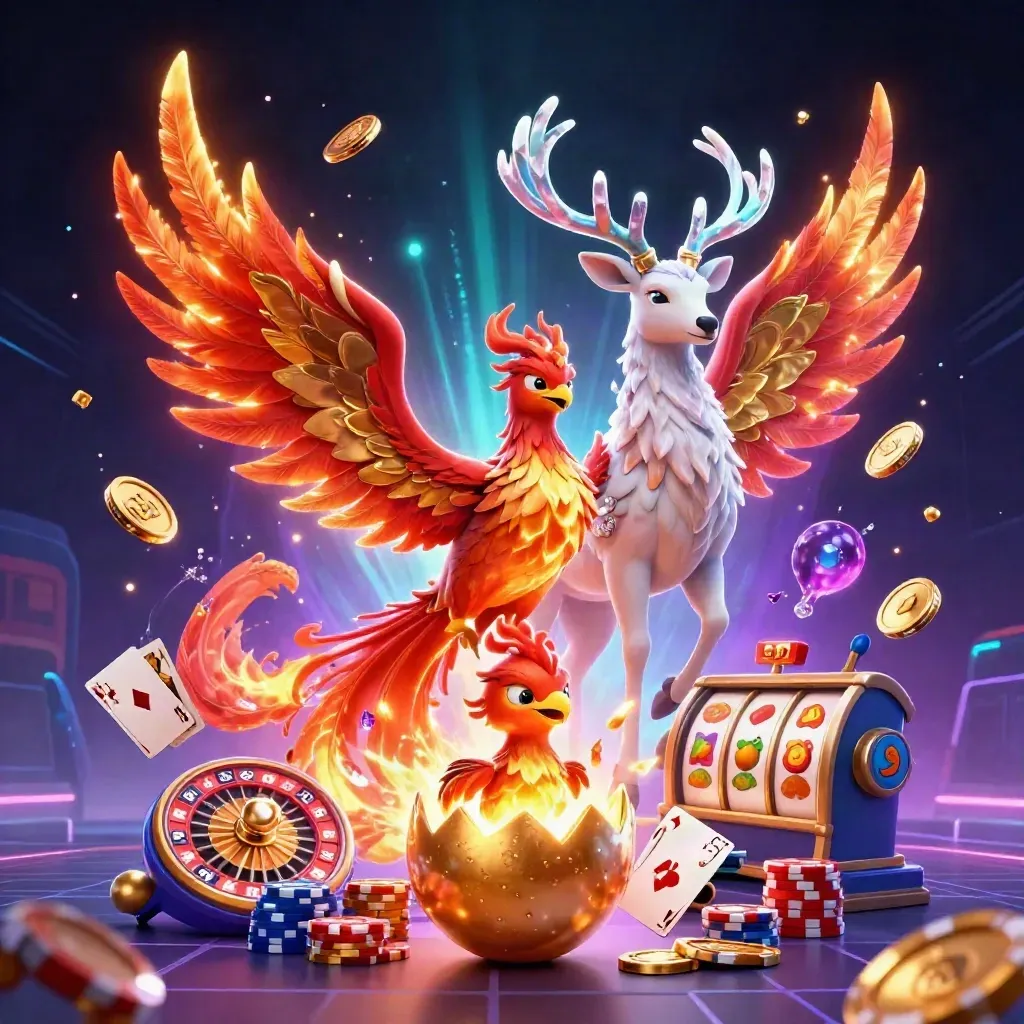 Fire phoenix, hatching baby, and crystalline stag amid casino chips, coins, cards, and neon glow.
