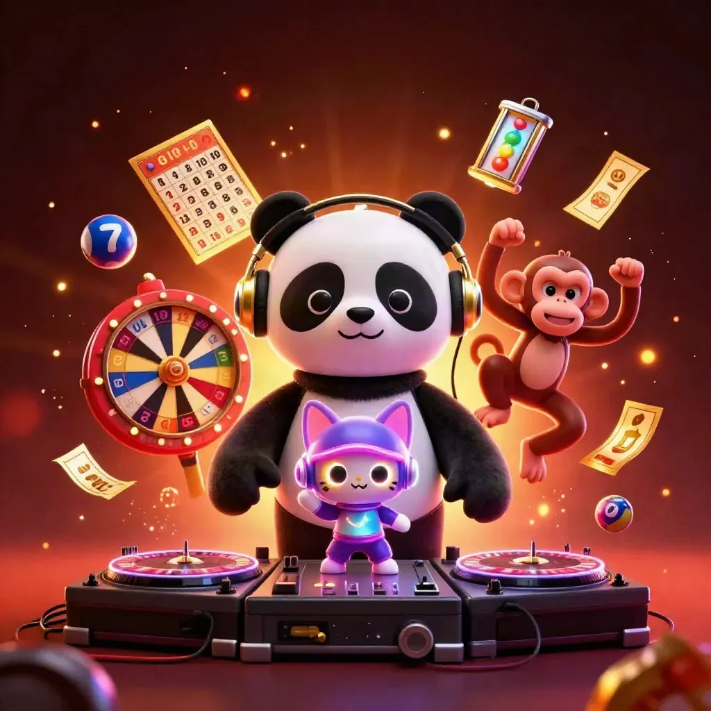 DJ panda, dancing monkey and glow-stick kitten amid casino reels, lottery balls and golden sparks.