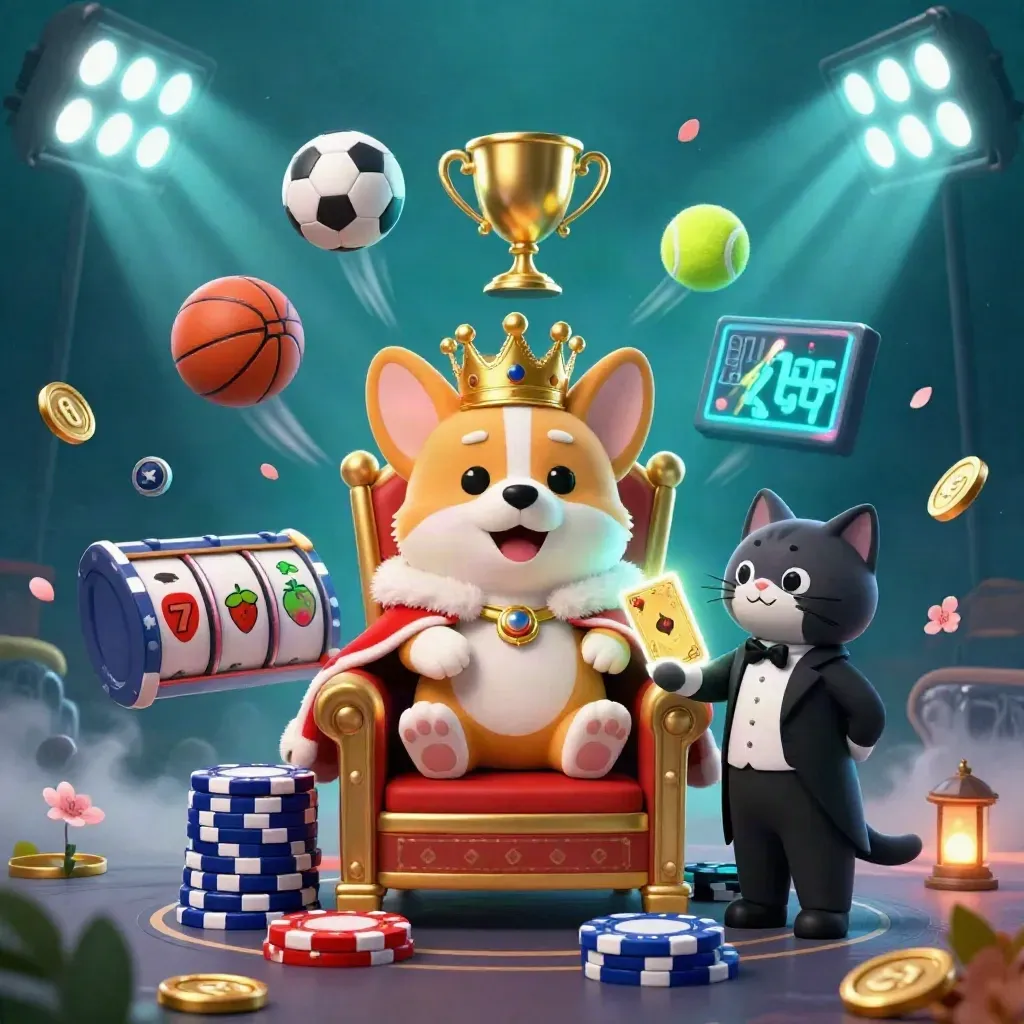 Royal corgi on chip throne with cat butler, flying balls, coins, reels, and neon cyan casino glow.