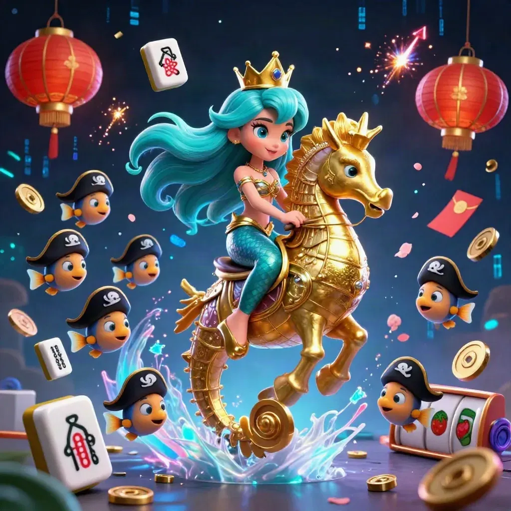 Mermaid princess on armored seahorse amid pirate fish, casino symbols, neon magic, dark gothic glow.