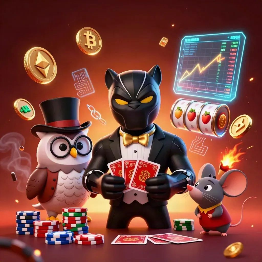 Panther, owl, and mouse casino heroes amid glowing coins, reels, embers, and lightning.