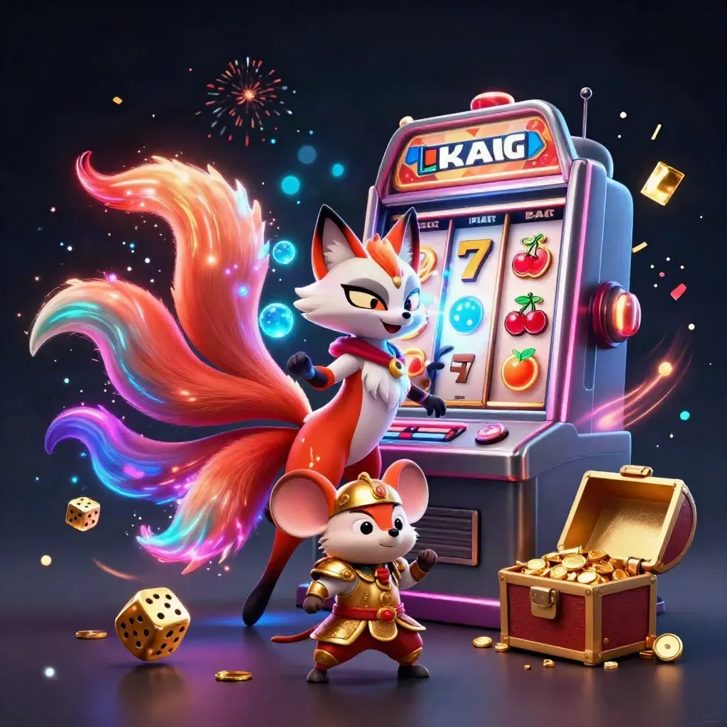 Nine-tailed fox spirit and samurai mouse amid slot reels, gold, and cyan magic