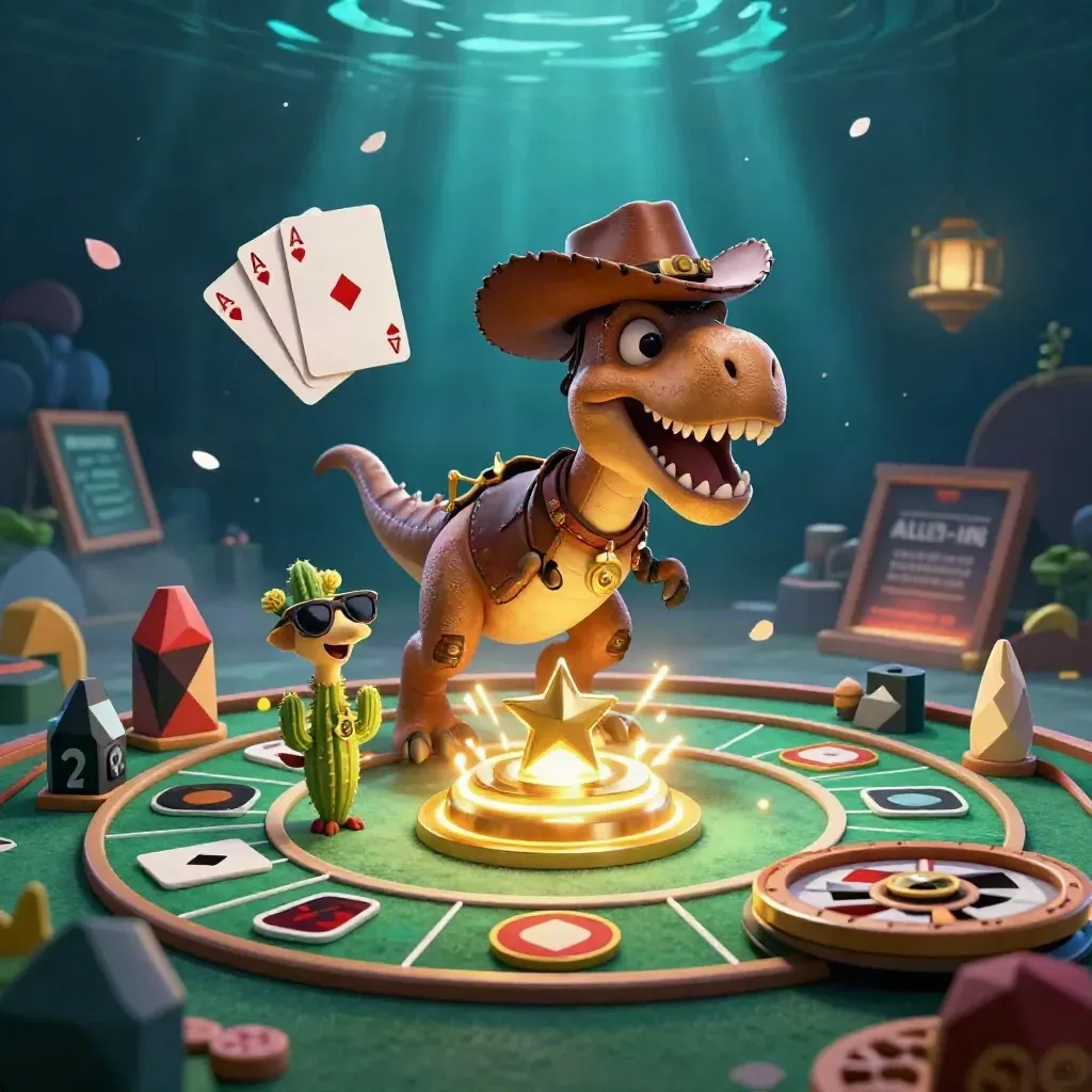 Cowboy T-Rex, cactus sidekick, and roadrunner amid glowing casino cards, chips, and neon gold.