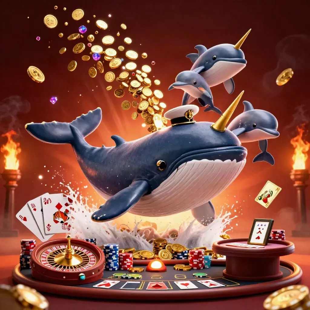 Whale captain, narwhal, and dolphins amid casino coins, cards, chips, and neon firelight.